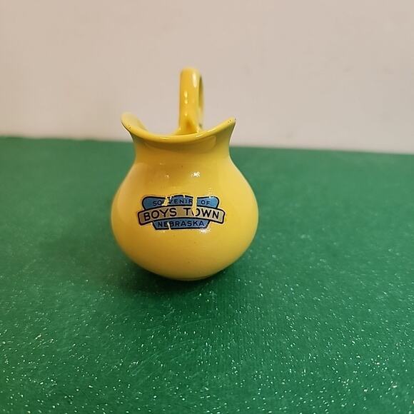 VTG BOYS TOWN Nebraska Pottery Small pitcher jug Creamer Yellow Signed - Picture 1 of 8